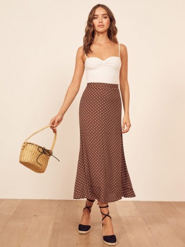 REFORMATION Bea Skirt in Cappuccino – chocolate polka dot skirts