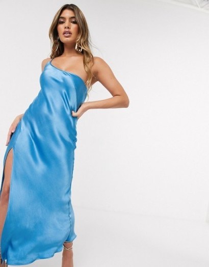 Bec & Bridge frederic asymmetric midi slip dress in azure / blue split cami dresses - flipped