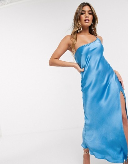 Bec & Bridge frederic asymmetric midi slip dress in azure / blue split cami dresses