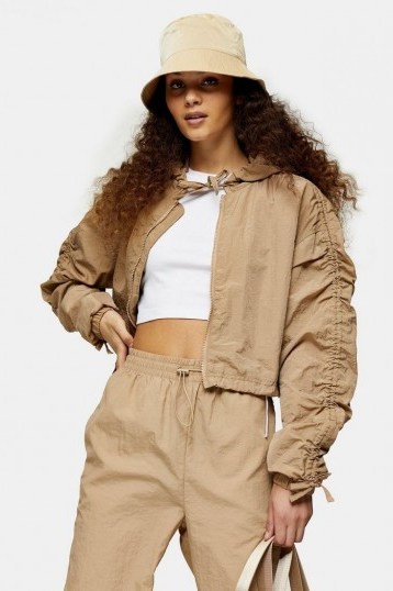 TOPSHOP Beige Shell Cropped Jacket – ruched sleeves - flipped