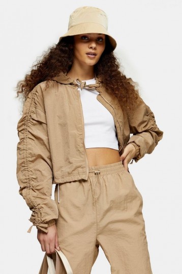 TOPSHOP Beige Shell Cropped Jacket – ruched sleeves