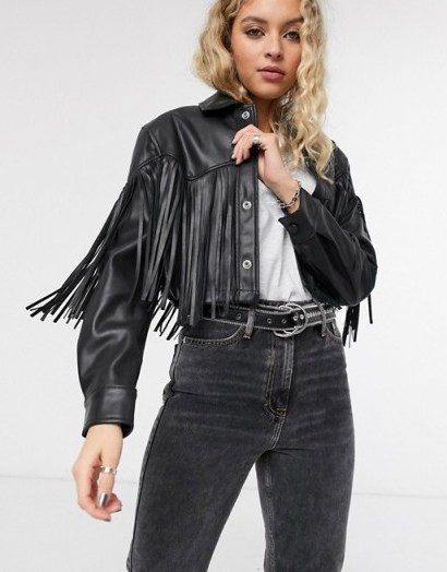 Bershka western faux leather jacket with fringing in black - flipped