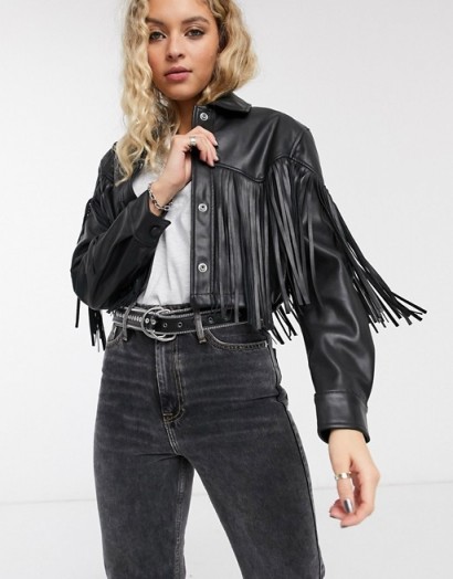 Bershka western faux leather jacket with fringing in black