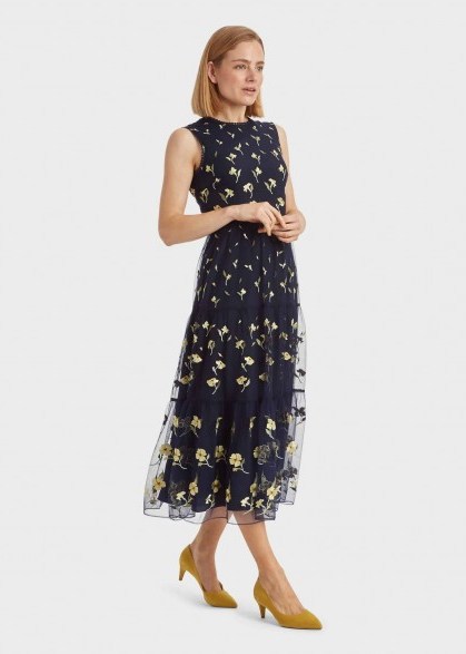 HOBBS BETHANY EMBROIDERED DRESS MIDNIGHT YELLOW / sheer overlay occasion dresses - flipped