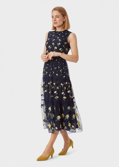 HOBBS BETHANY EMBROIDERED DRESS MIDNIGHT YELLOW / sheer overlay occasion dresses