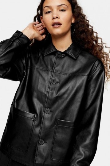 TOPSHOP Black Faux Leather Shacket – skackets – casual outerwear - flipped