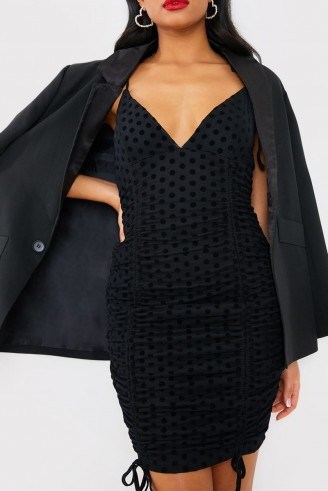 In The Style BLACK POLKA DOT RUCHED MINI DRESS ~ strappy lbd - flipped