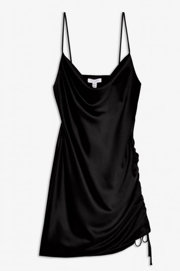 TOPSHOP Black Ruched Satin Slip Dress – strappy lbd