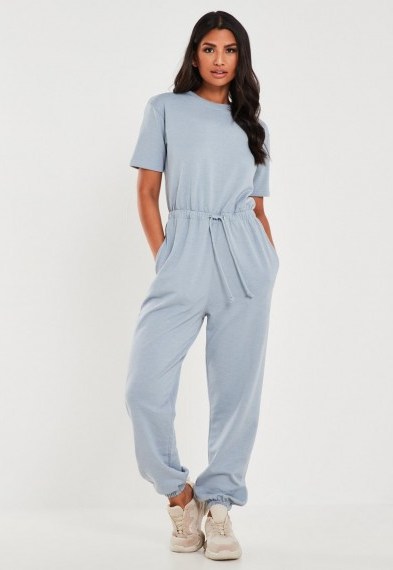 Missguided blue crew neck jogger jumpsuit – cuffed jumpsuits - flipped