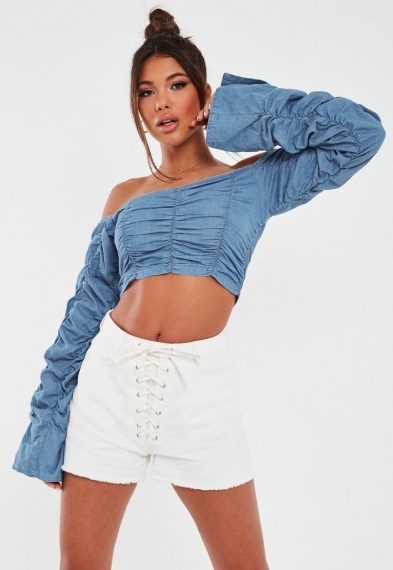 MISSGUIDED blue denim long sleeve ruched crop top - flipped