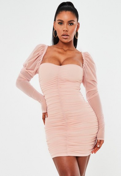 MISSGUIDED blush mesh ruched mini dress