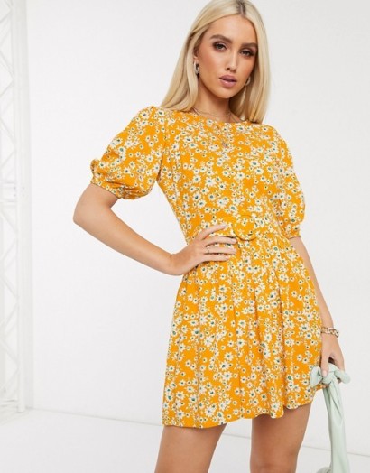 Boohoo puff sleeve skater dress in yellow floral print