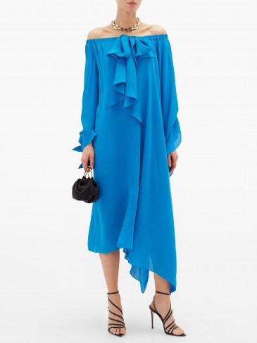 ROLAND MOURET Caldera blue off-the-shoulder silk-georgette dress ~ asymmetric occasion wear - flipped