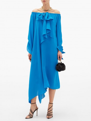ROLAND MOURET Caldera blue off-the-shoulder silk-georgette dress ~ asymmetric occasion wear