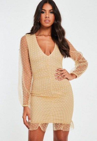 Missguided camel mesh dobby organza ruched mini dress – sheer sleeve evening dresses - flipped