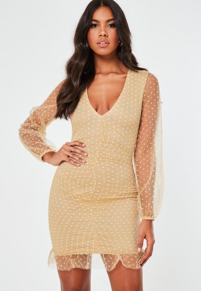 Missguided camel mesh dobby organza ruched mini dress – sheer sleeve evening dresses
