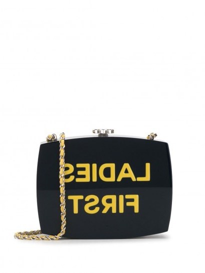 CHANEL PRE-OWNED 2015 Ladies First 5×5 black crossbody bag | designer slogan box bags - flipped