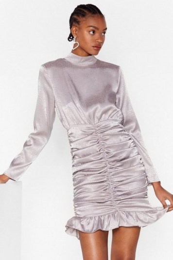 Ruched Dresses – NASTY GAL Chasin’ the Ruche Satin Jacquard Dress in Silver - flipped