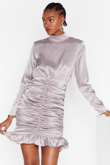 Ruched Dresses – NASTY GAL Chasin’ the Ruche Satin Jacquard Dress in Silver