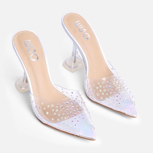 Stassie for EGO Christina Diamante Detail Pointed Peep Toe Clear Perspex Pyramid Heel Mule In Silver Holographic Faux – jeweled open toe mules