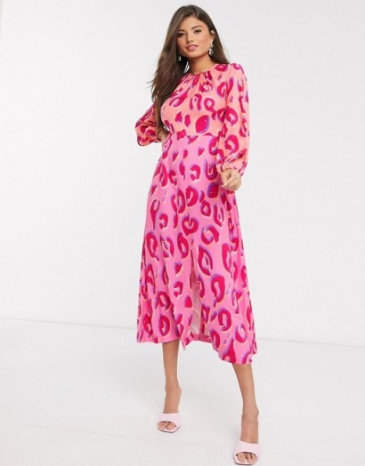Closet London gathered midaxi dress in contrast pink leopard