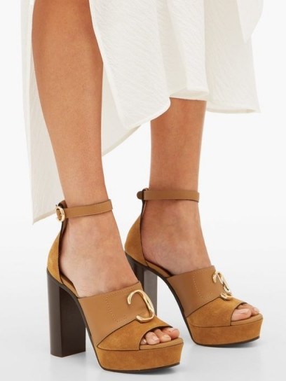 CHLOÉ C-plaque tan-suede platform sandals | vintage look high heel shoes - flipped