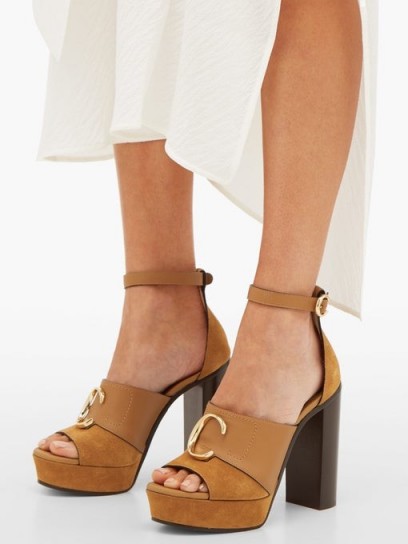 CHLOÉ C-plaque tan-suede platform sandals | vintage look high heel shoes