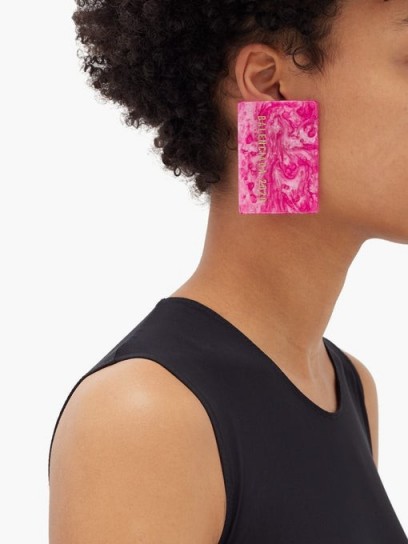 BALENCIAGA Credit card logo-plaque drop earrings in pink marbled resin