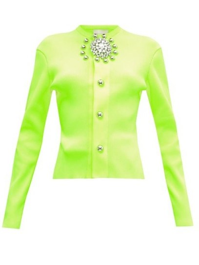 CHRISTOPHER KANE Crystal-embellished ribbed cardigan in neon-yellow - flipped