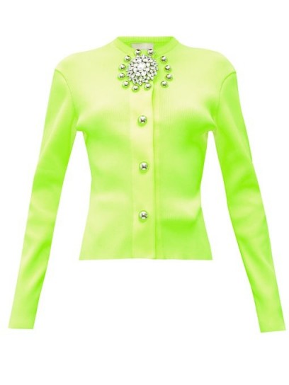 CHRISTOPHER KANE Crystal-embellished ribbed cardigan in neon-yellow