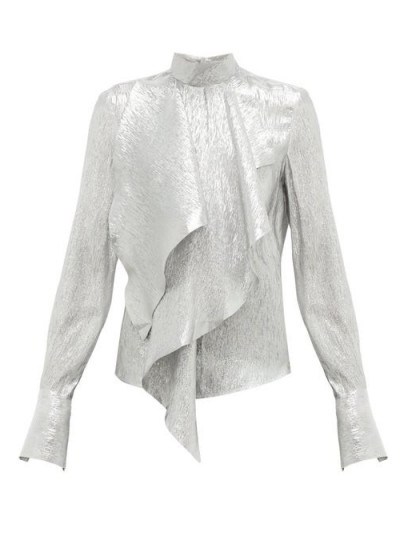 PETAR PETROV Cynthia draped silk-blend lamé blouse ~ silver high neck blouse - flipped