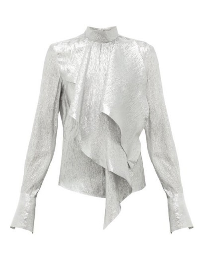 PETAR PETROV Cynthia draped silk-blend lamé blouse ~ silver high neck blouse