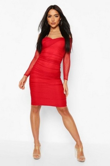 BOOHOO Dobby Off Shoulder Ruched Bodycon Midi Dress in Red - flipped