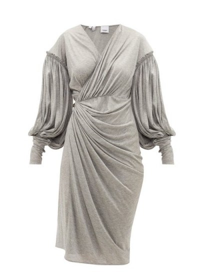 BURBERRY Draped-front balloon-sleeve jersey dress in grey - flipped
