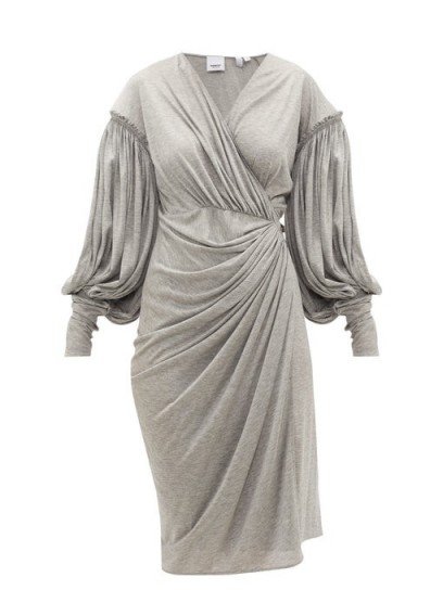 BURBERRY Draped-front balloon-sleeve jersey dress in grey