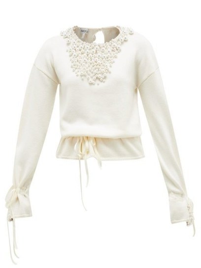 LOEWE Drawstring faux pearl-embellished sweater in cream ~ gathered waist sweaters - flipped