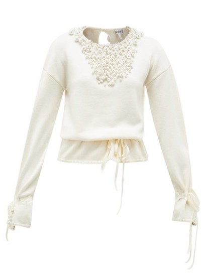 LOEWE Drawstring faux pearl-embellished sweater in cream ~ gathered waist sweaters