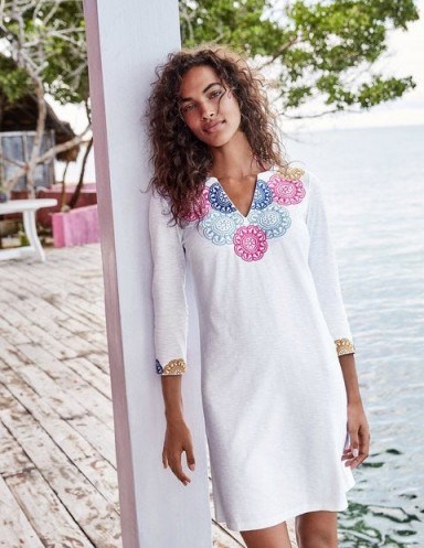 Boden Eda Embroidered Jersey Tunic in White/Multi ~ summer vacation clothing ~ chic tunics - flipped