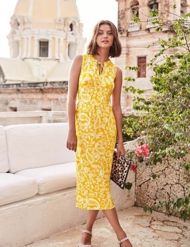 Boden Eliza Jersey Midi Dress in Tuscan Sun, Spotty Paisley ~ yellow summer dresses - flipped