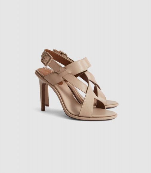 REISS ELOISE CROSS-FRONT HEELED SANDALS TAUPE/TAN