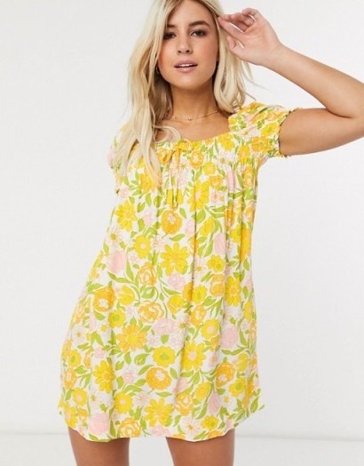 Faithfull fleur floral square neck short sleeve mini dress in Jolene floral print / yellow 70s prints / retro style summer dresses - flipped