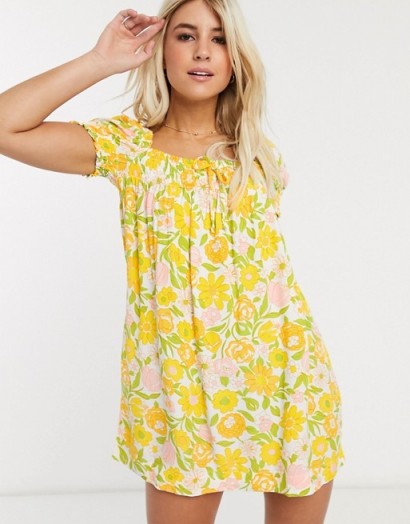 Faithfull fleur floral square neck short sleeve mini dress in Jolene floral print / yellow 70s prints / retro style summer dresses