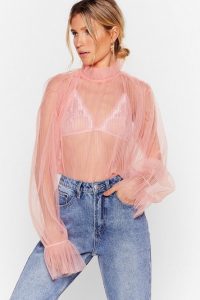 NASTY GAL Feel the Pleat High Neck Mesh Blouse in Pink