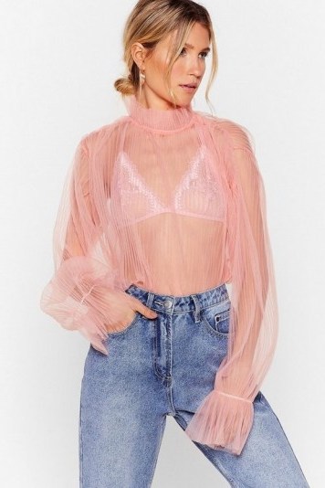 NASTY GAL Feel the Pleat High Neck Mesh Blouse in Pink - flipped