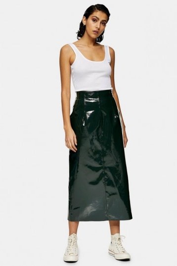Topshop Boutique Forest Green Vinyl Leather Skirt | high shine skirts - flipped