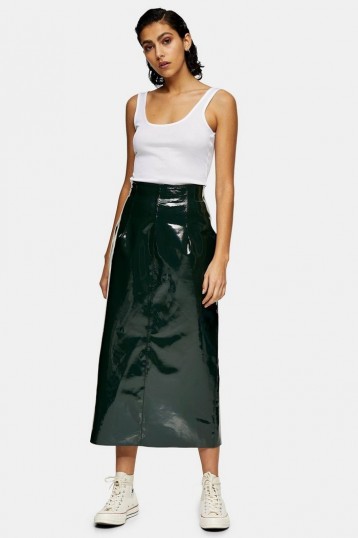 Topshop Boutique Forest Green Vinyl Leather Skirt | high shine skirts