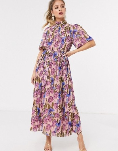 Forever U pleated midaxi dress in blush floral / romantic look high neck dresses - flipped