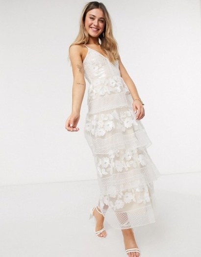 Forever U tiered midi dress in embroidered lace in white in white / feminine occasion wear - flipped