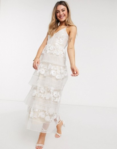 Forever U tiered midi dress in embroidered lace in white in white / feminine occasion wear