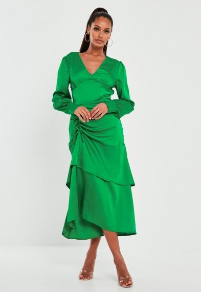 MISSGUIDED green satin ruched side tiered midi dress - flipped